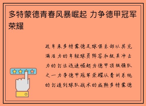 多特蒙德青春风暴崛起 力争德甲冠军荣耀