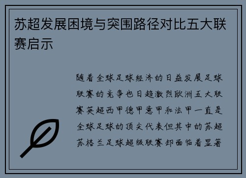 苏超发展困境与突围路径对比五大联赛启示